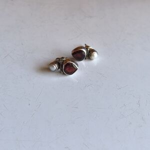 Vintage 925 Silver Garnet Faux Pearl Teardrop Tiny Petite Earrings